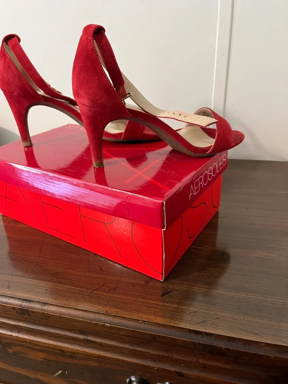AEROSOLES Red Suede Ankle-Strap Heels - Picture 3 of 3